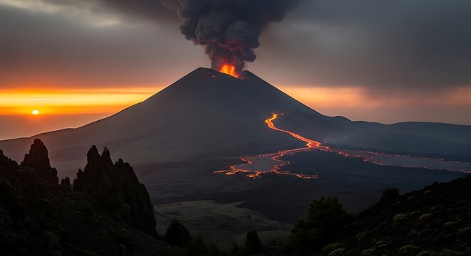 Dramatic volcanic eruption at sunset with molten lava flowing down the mountain slope and a large ash plume against the twilight sky.