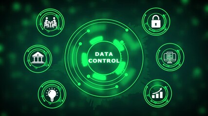 Neon green data control interface with central hub and surrounding icons for security and management concepts - Powered by Adobe