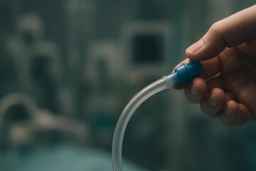 Medical technician hand adjusting a plastic tubing connector for clinical surgical infrastructure