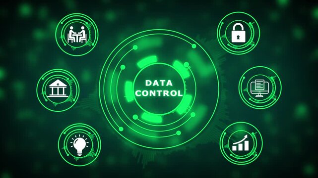Neon green data control interface with central hub and surrounding icons for security and management concepts