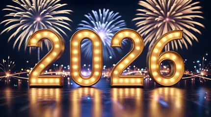 A creative and modern Happy New Year 2026 design, featuring bold &ldquo;2026&rdquo; typography as the main focus