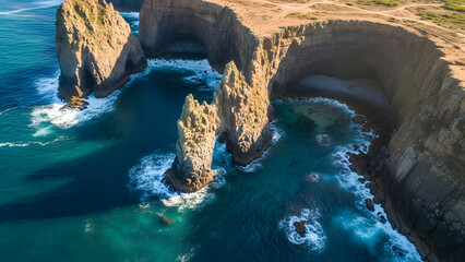Rugged Rock Formations in Ocean Waters.