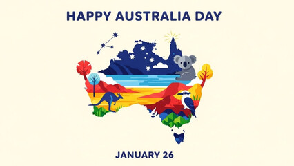 Vibrant australia day celebration graphic with kangaroo koala bird and colorful landscape elements on cream background
