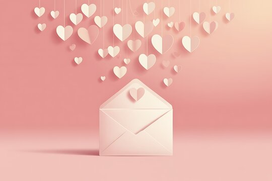 Romantic white envelope with heart shapes and pink background - Powered by Adobe