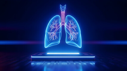 Dynamic digital representation of human lungs with glowing neon lines, illustrating medical imaging, respiratory anatomy, and advanced healthcare technology concepts