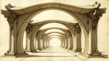 Minimalist architectural image of arcade and pavilion