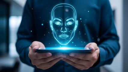 Futuristic AI hologram of a human face projected from a smartphone held by a person, symbolizing artificial intelligence and technology integration