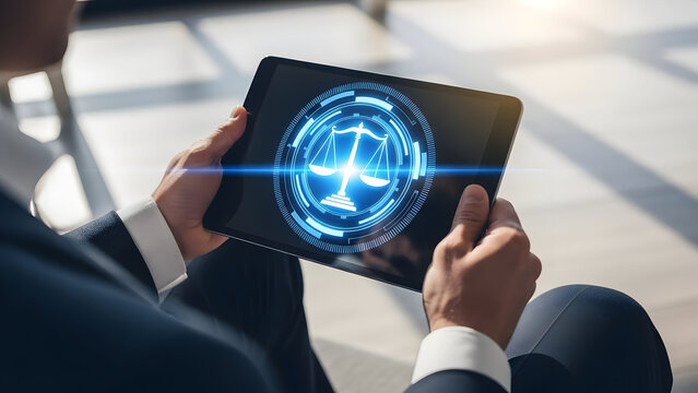 Pioneering digital legal solutions A professional engaging with cutting-edge technology on a tablet, illustrating the evolving landscape of law and justice in the digital age