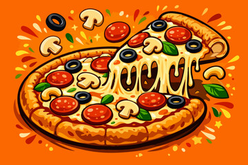 Vector-Style Pizza with Melting Cheese and Flying Toppings