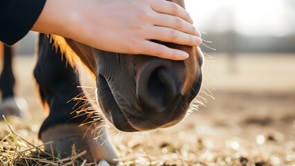 Close up of a horse being touched by a human hand in natural sunlight