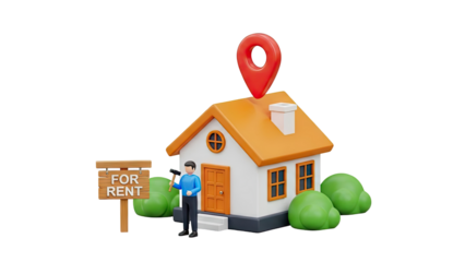3D House For Rent With Location Pin and Man on transparent background