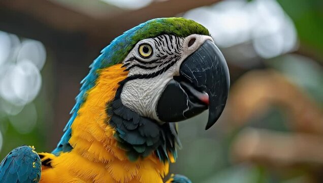Detailed Portrait of a Vibrant Blue and Yellow Macaw Parrot in Natural Habitat