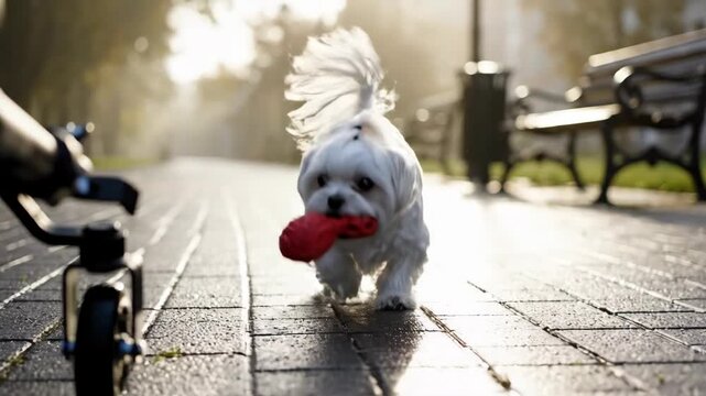Joyful Maltese Dog Plays Fetch in Park, Morning Sunlight, Happy Dog Enjoying Sunny Day