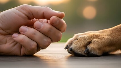 Human hand and dog paw touching friendship connection and relationship concept