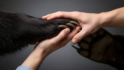 Human hands holding bear paw close up on gray background wildlife concept