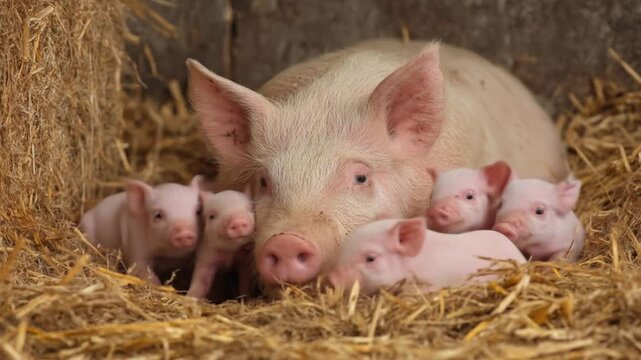 Sow rests among straw while piglets huddle close,  nursing and curling beside her, content and calm!