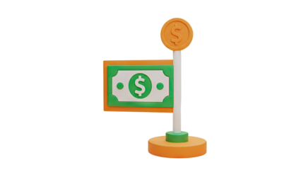 3D Money Flag and Coin Icon 3D Render on transparent background