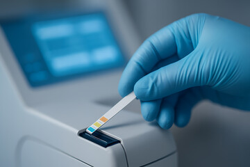 Laboratory technician hand in blue glove inserting a diagnostic test strip into a modern chemical analyzer