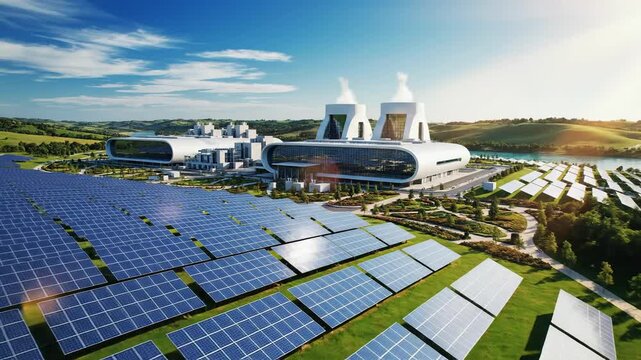Solar panel farm fronts a modern facility with rolling green hills