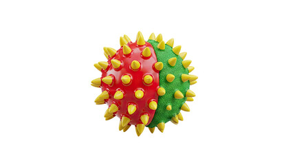 3D Spiky sphere with red and green halves and yellow spikes on transparent background