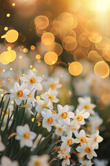  Ethereal field of white daffodils with golden dots in soft bokeh lights
