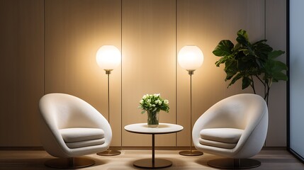 Minimal consultation room with two chairs and small table, soft ambient light and neutral colors, calm professional interior for counseling, business consulting and client meetings