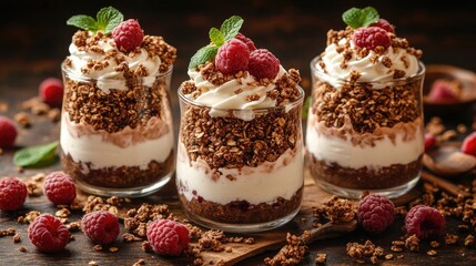 Delicious parfait dessert in glass, with raspberries, granola, and cream. Use this image for menus, cookbooks, or advertising dessert recipes.