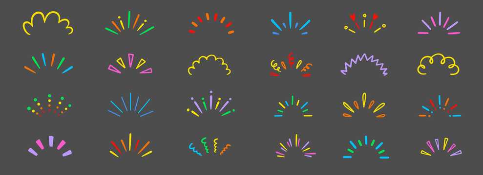 Line surprise shine ray color icon set. Hand drawn doodle color sparkle shine, surprise, sunburst frame with pop confetti ornament element collection. Comic headline decoration light ray. Vector