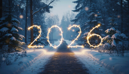 2026 New Year Glowing Light Numbers in Snowy Winter Forest
