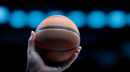Close-up of hand holding a basketball with blue lights
