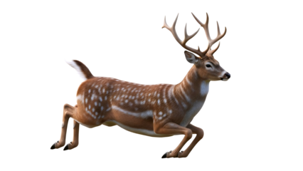 Deer running with antlers on white background isolated on transparent background