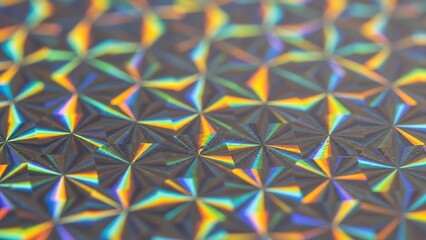 Holographic foil background with geometric patterns.