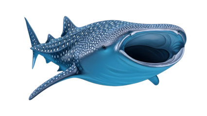 Whale shark swimming in the ocean with open mouth isolated on transparent background