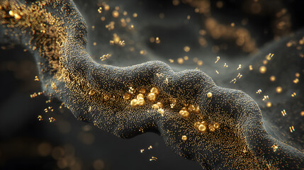 Close up view of a microscopic biological structure with golden particles and abstract molecules interacting on a dark textured surface illustration