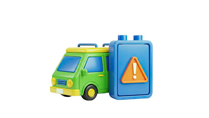 3D cartoon green van with warning sign icon on transparent background