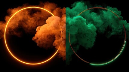 Abstract Background with Orange and Green Glowing Circles Surrounded by Smoke on a Black Backdrop Neon Ring Vaporwave Style