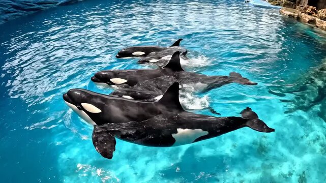 Four Majestic Killer Whales (Orcas) gracefully swim in a row in a large, clear blue pool at a marine park, showcasing their powerful and beautiful presence in a captivating aquatic environment.