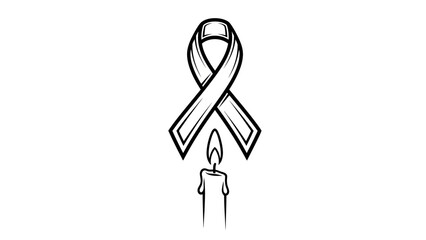 Black and white illustration of a ribbon and a burning candle, symbolizing awareness and remembrance.
