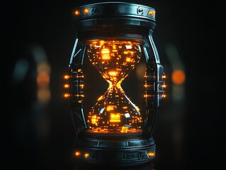 Futuristic hourglass with digital sands flowing through a metallic structure