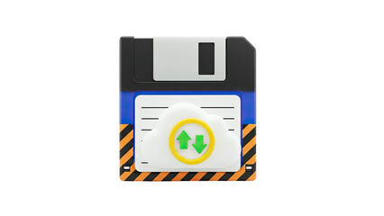 3D Floppy Disk with Cloud Upload Download Icon on transparent background