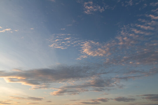 Blue Sky with Cirrus Clouds at Sunset Featuring Warm Light and Copy Space for Inspirational Messages and Serene Backgrounds