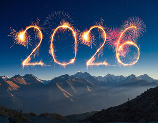Festive fireworks forming the number 2026 in the night sky above a dramatic mountain landscape, symbolizing New Year celebration, hope, future, and fresh beginnings.