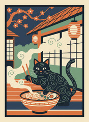 black cat eating ramen with chopsticks