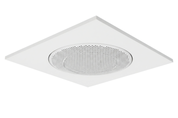 Square white ceiling mount loudspeaker for public address system on a transparent background