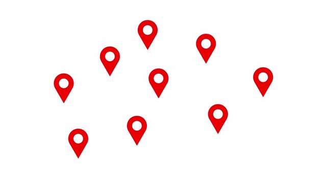 4K Multiple Map Location Pins Appearing One by One with Bouncing Animation on Transparent Background for GPS Tracking, Navigation Maps and App UI