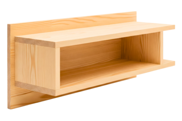 Light wooden floating wall shelf unit with rectangular box design on a transparent background
