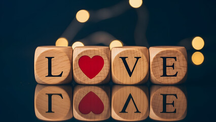 Romantic wooden dice spelling 'LOVE' with a vibrant red heart, reflecting deep affection and heartfelt sentiment against a backdrop of twinkling lights