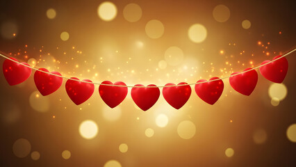 A heartwarming and festive red heart banner garland elegantly strung across a sparkling golden bokeh background, perfect for celebrating love, romance, and special cherished occasions