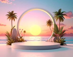 Tropical sunset scene with a round podium and palm trees