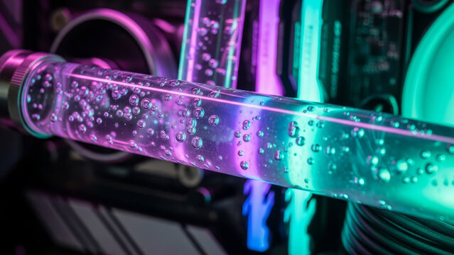 Close-up of a custom liquid-cooled PC with vibrant pink and teal LED lighting and flowing water tubes with air bubbles.